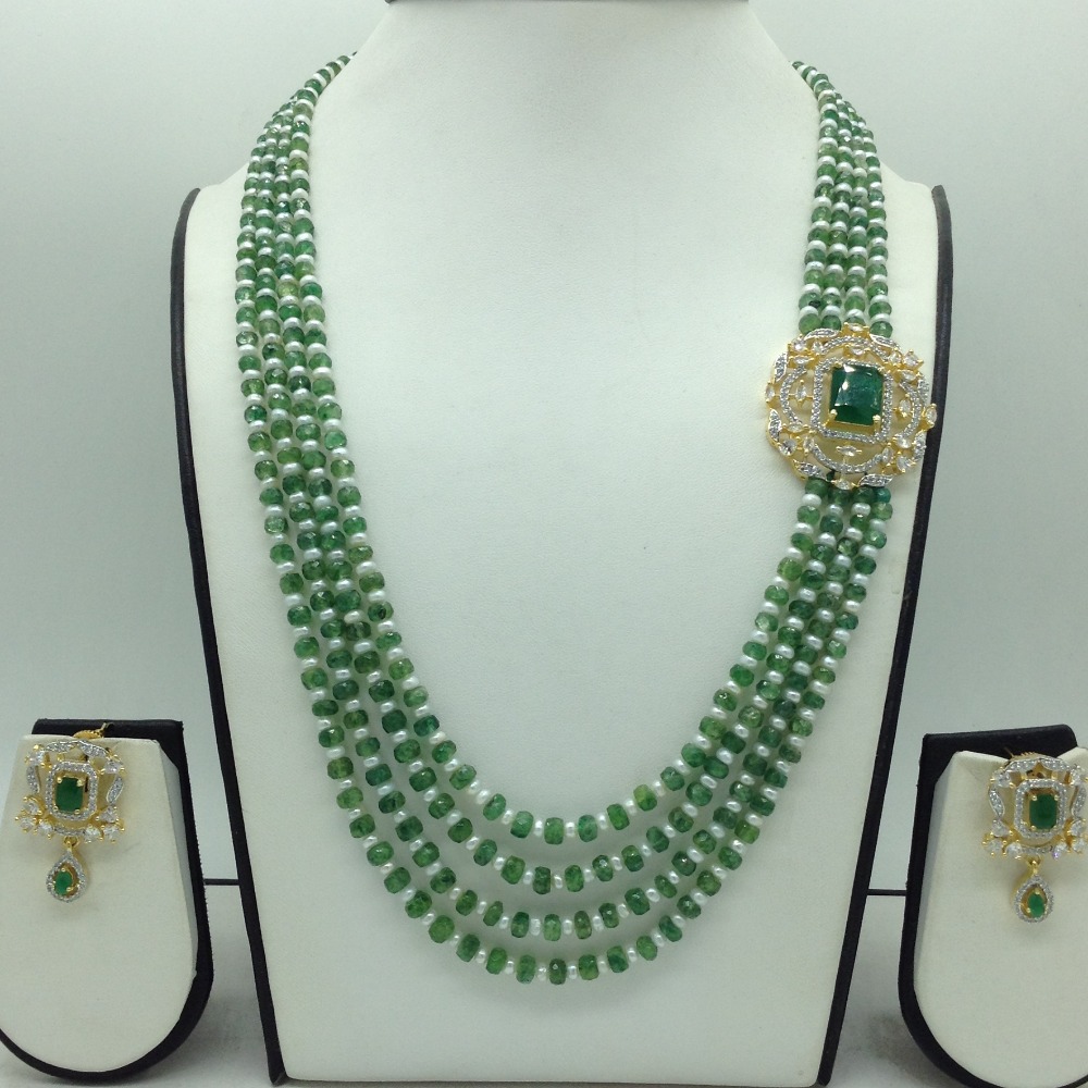 White,Green CZ Broach Set With 4 Line Mala JPS0870