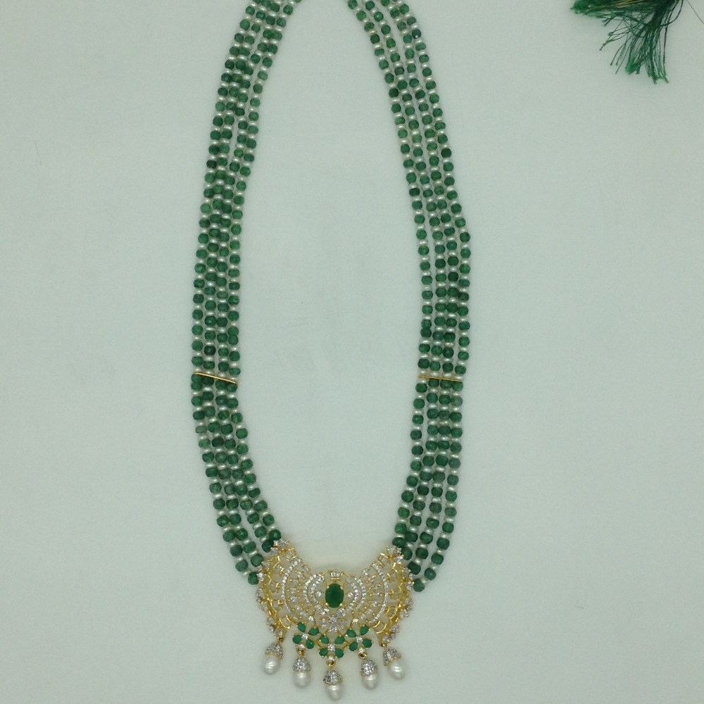 White,Green CZ Pendent Set With 4 Line Mala JPS0869