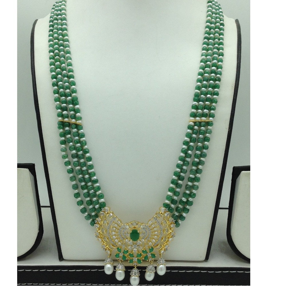 White,Green CZ Pendent Set With 4 Line Mala JPS0869