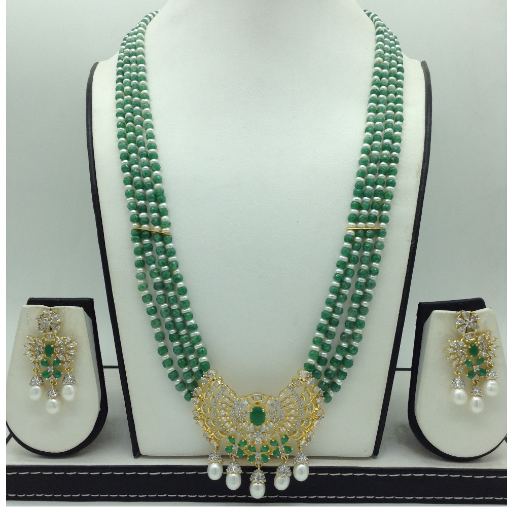 White,Green CZ Pendent Set With 4 Line Mala JPS0869