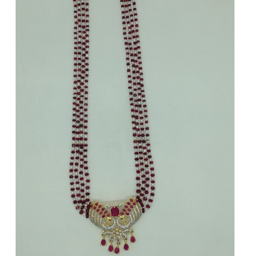 White,Red CZ Pendent Set With 4 Line Mala JPS0868