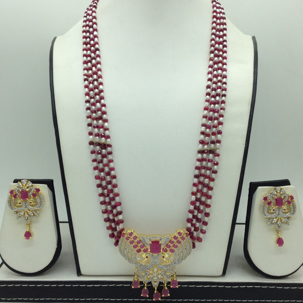White,Red CZ Pendent Set With 4 Line Mala JPS0868