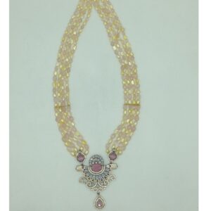 White,Pink CZ Pendent Set With 3 Line Mala JPS0867