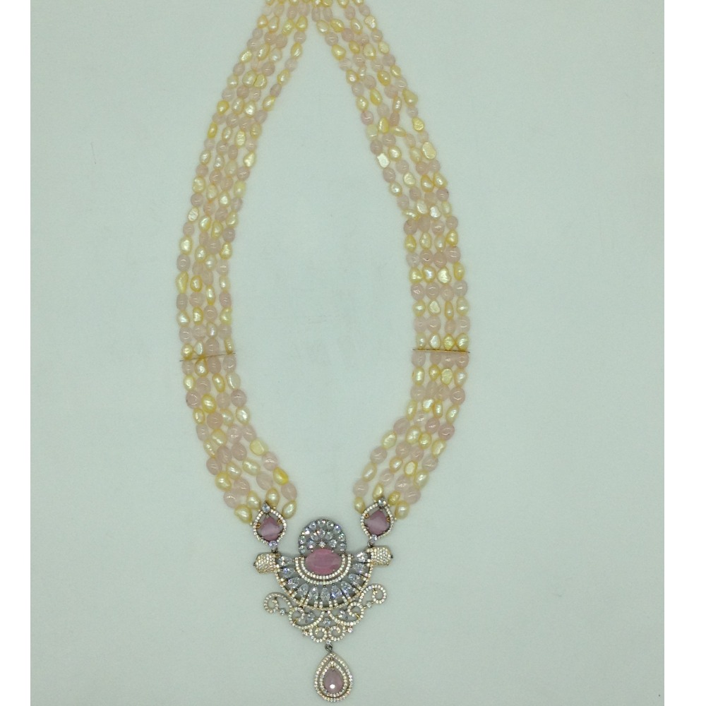 White,Pink CZ Pendent Set With 3 Line Mala JPS0867