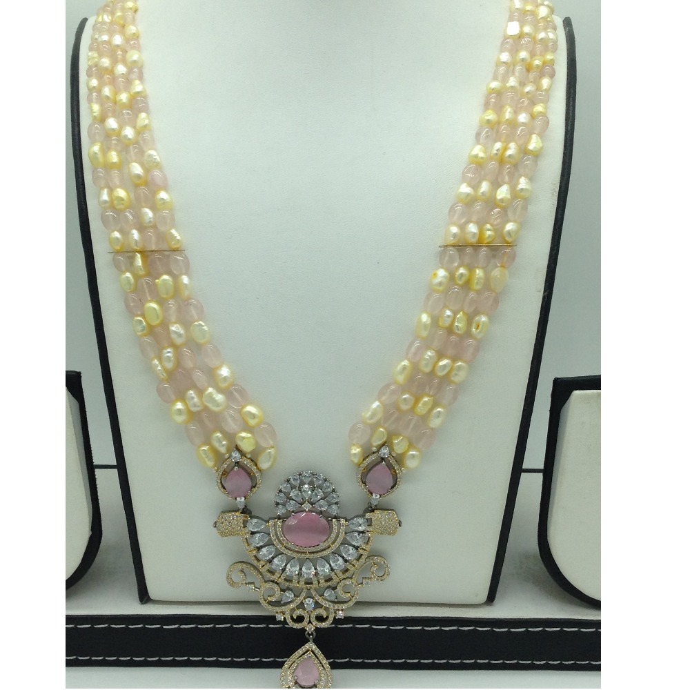 White,Pink CZ Pendent Set With 3 Line Mala JPS0867