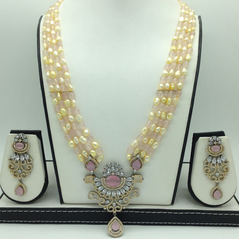 White,Pink CZ Pendent Set With 3 Line Mala JPS0867