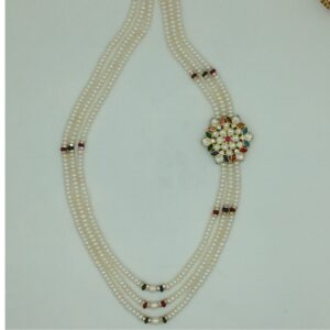 Navratan Kundan Broach Set With 3 Line White Pearls Mala JPS0866