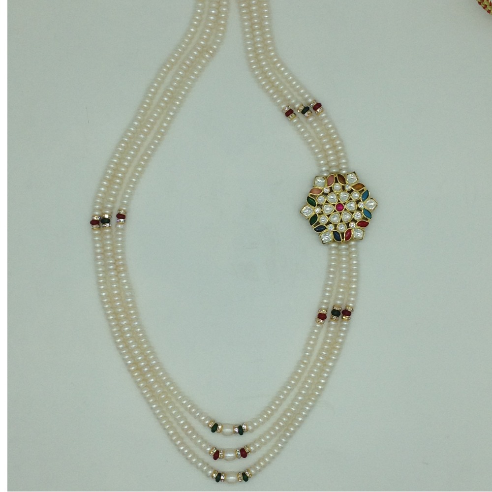 Navratan Kundan Broach Set With 3 Line White Pearls Mala JPS0866