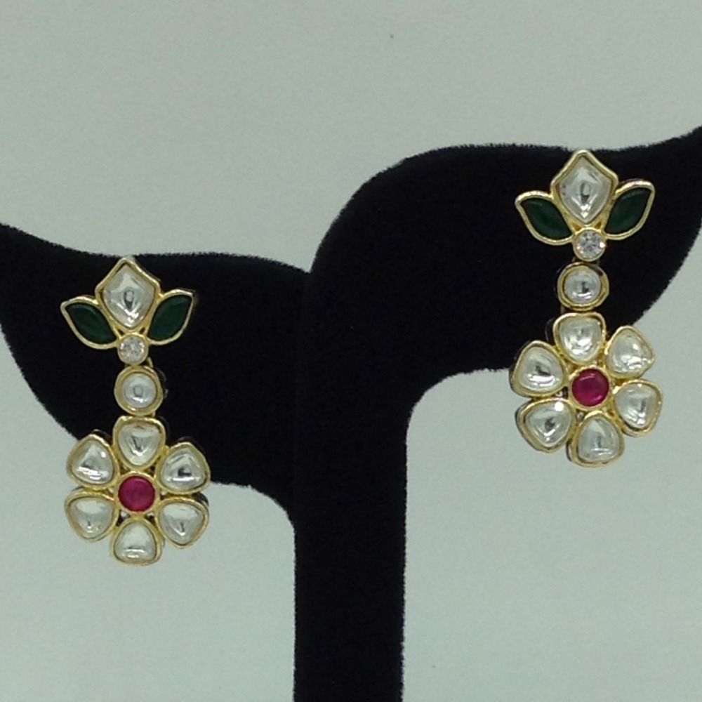 Navratan Kundan Broach Set With 3 Line White Pearls Mala JPS0866