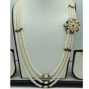 Navratan Kundan Broach Set With 3 Line White Pearls Mala JPS0866