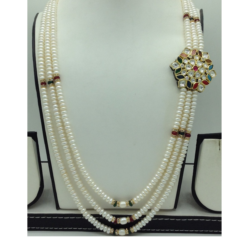 Navratan Kundan Broach Set With 3 Line White Pearls Mala JPS0866