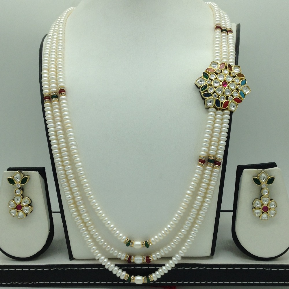 Navratan Kundan Broach Set With 3 Line White Pearls Mala JPS0866