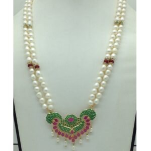 Red,Green CZ Pendent Set With 2 Line White Pearls Mala JPS0865