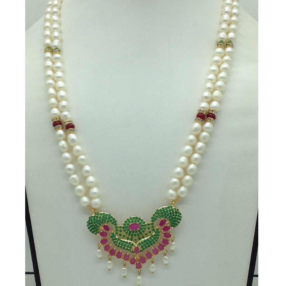 Red,Green CZ Pendent Set With 2 Line White Pearls Mala JPS0865