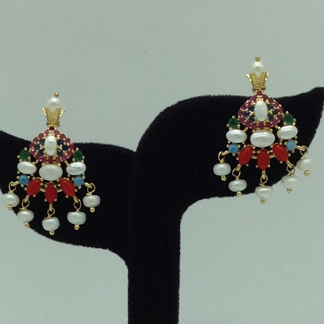 Navratan Pendent Set With 2 Line White Pearls Mala JPS0864