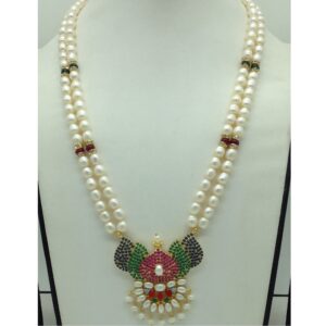 Navratan Pendent Set With 2 Line White Pearls Mala JPS0864