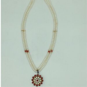 Coral Kundan Pendent Set With 2 Line White Pearls Mala JPS0863