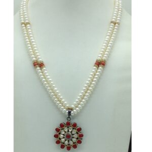 Coral Kundan Pendent Set With 2 Line White Pearls Mala JPS0863