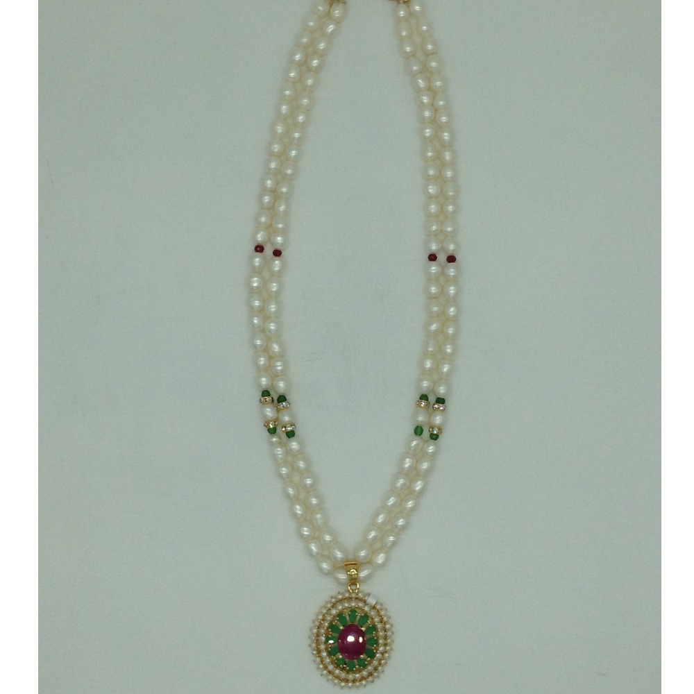 Tricolour Cz Pendent Set With 2 Line White Pearls Mala JPS0862