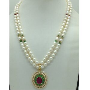 Tricolour Cz Pendent Set With 2 Line White Pearls Mala JPS0862