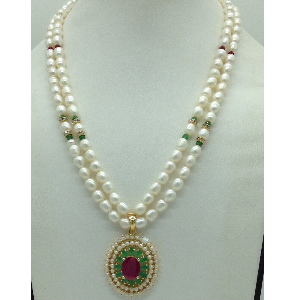Tricolour Cz Pendent Set With 2 Line White Pearls Mala JPS0862