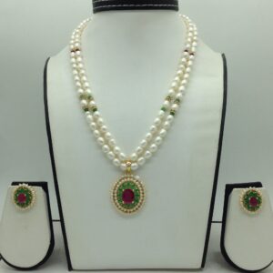 Tricolour Cz Pendent Set With 2 Line White Pearls Mala JPS0862