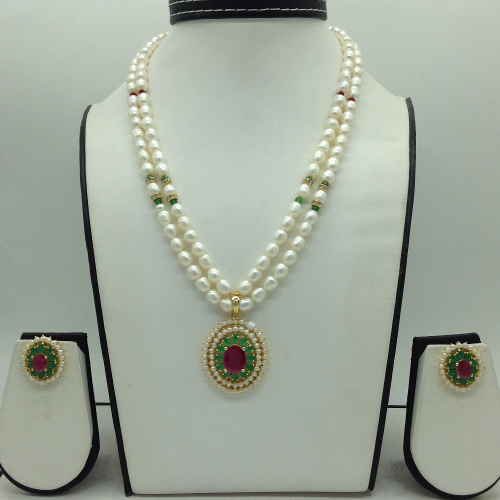 Tricolour Cz Pendent Set With 2 Line White Pearls Mala JPS0862