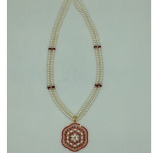 Red Cz Pendent Set With 2 Line White Pearls Mala JPS0861