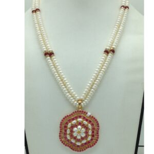 Red Cz Pendent Set With 2 Line White Pearls Mala JPS0861