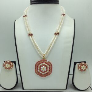 Red Cz Pendent Set With 2 Line White Pearls Mala JPS0861