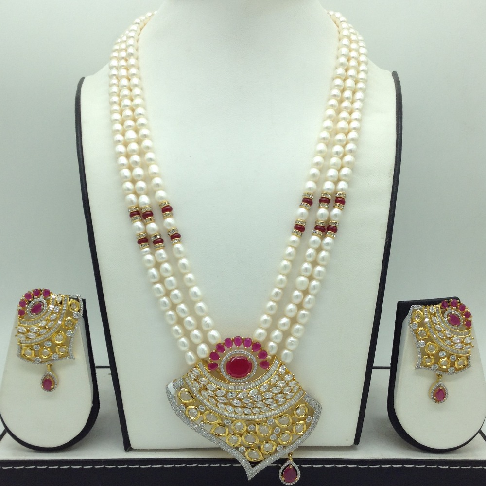 White Red Cz Pendent Set With 3 Line White Pearls Mala JPS0860