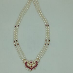 White Red Cz Pendent Set With 2 Line White Pearls Mala JPS0858