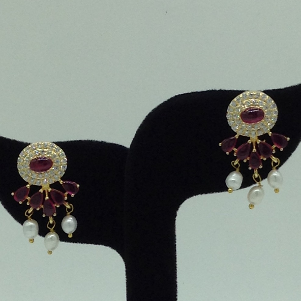 White Red Cz Pendent Set With 2 Line White Pearls Mala JPS0858