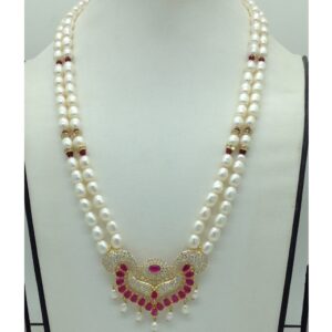 White Red Cz Pendent Set With 2 Line White Pearls Mala JPS0858