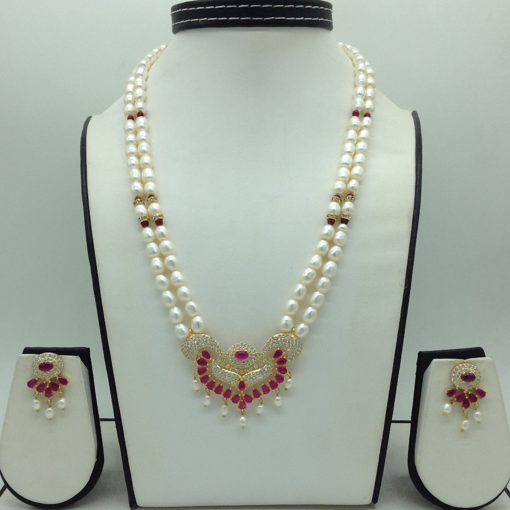 White Red Cz Pendent Set With 2 Line White Pearls Mala JPS0858