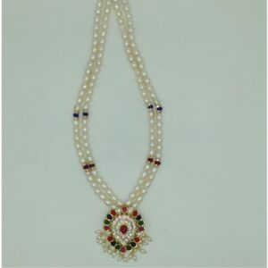 White Cz Navratan Pendent Set With 2 Line Pearls Mala JPS0857