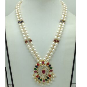 White Cz Navratan Pendent Set With 2 Line Pearls Mala JPS0857