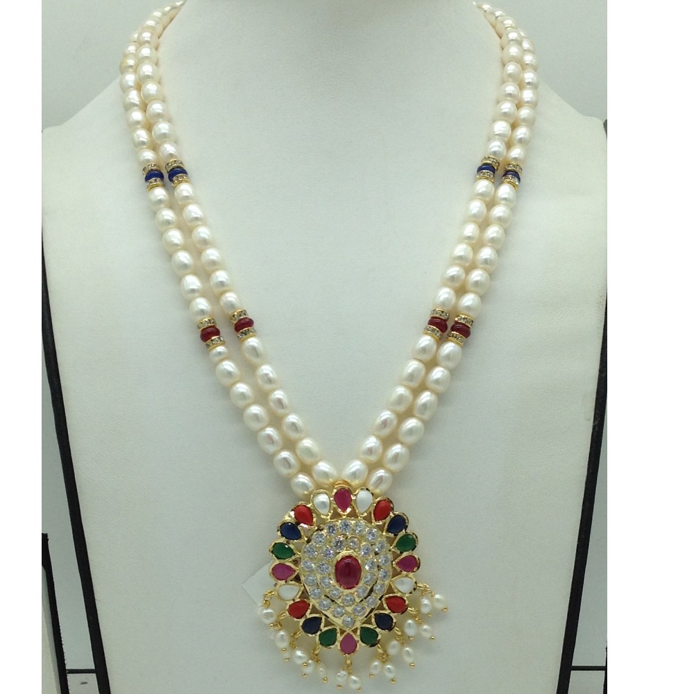 White Cz Navratan Pendent Set With 2 Line Pearls Mala JPS0857