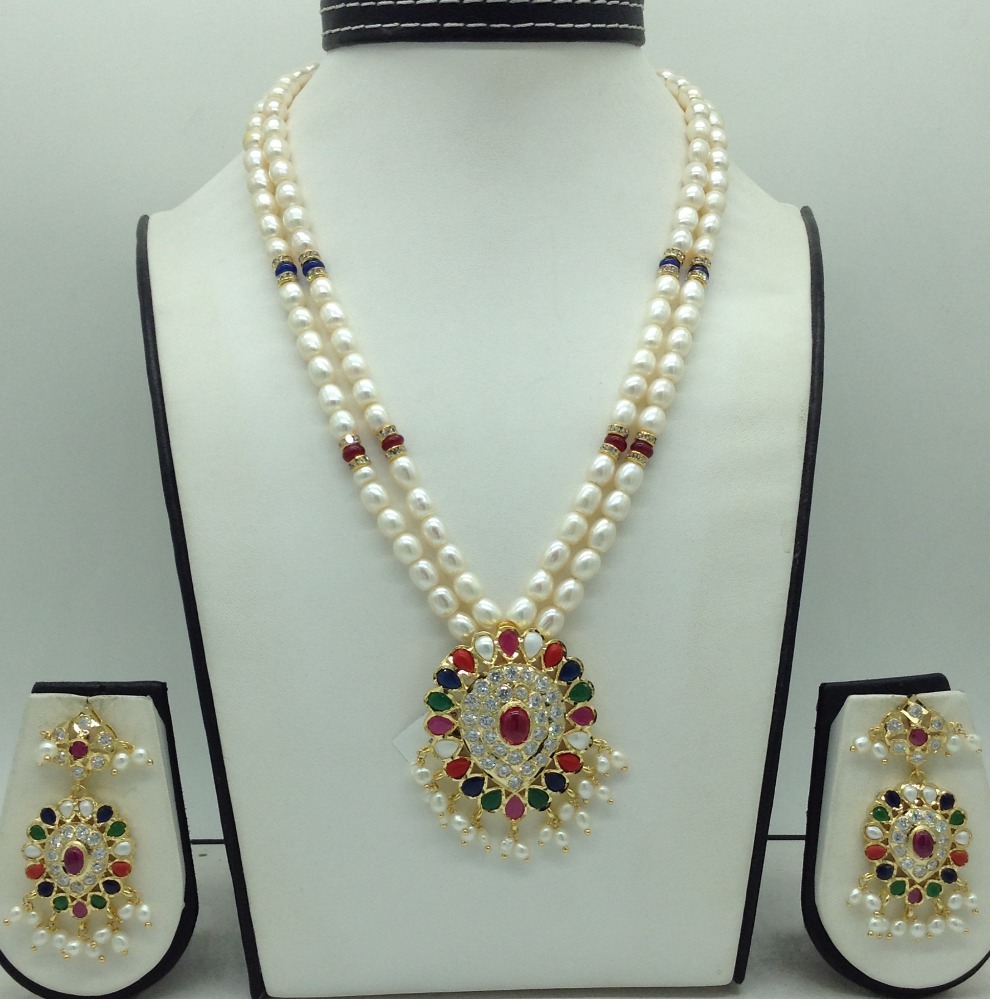 White Cz Navratan Pendent Set With 2 Line Pearls Mala JPS0857