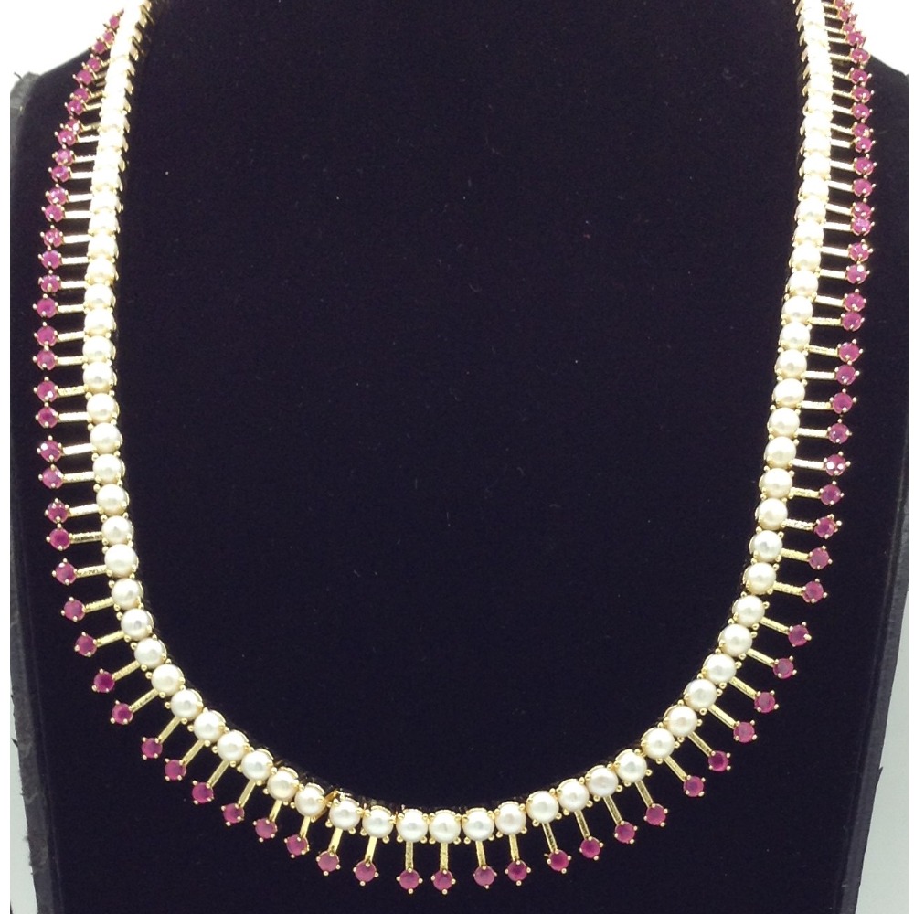 Red CZ and White Pearls Long Necklace Set JNC0230 - Image 2