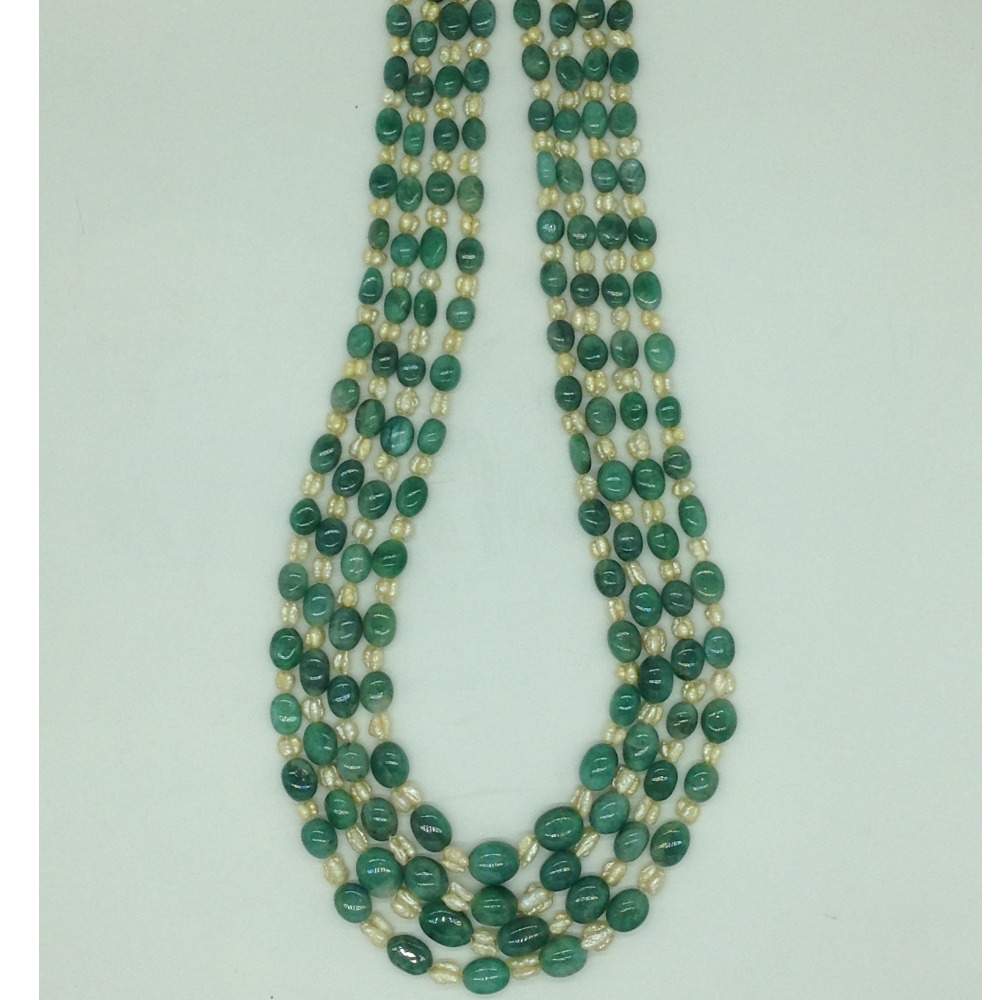 Cream Kudkal Pearls with Green Beeds 4 Layers Mala JPM0532