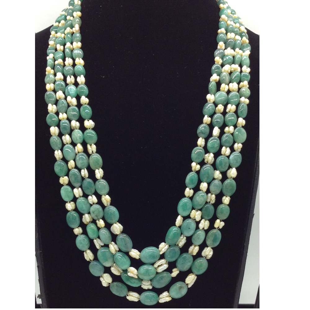Cream Kudkal Pearls with Green Beeds 4 Layers Mala JPM0532