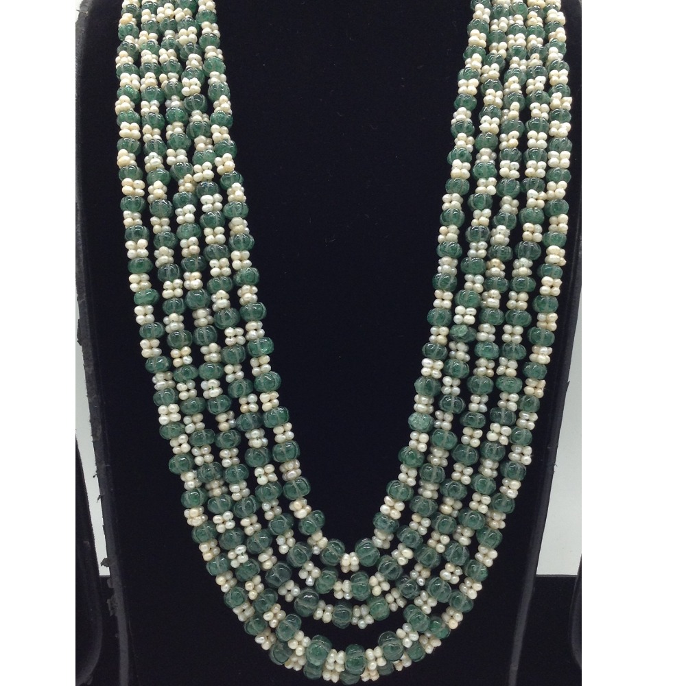 White Seed Pearls with Green Beeds 5 Layers Mala JPM0531