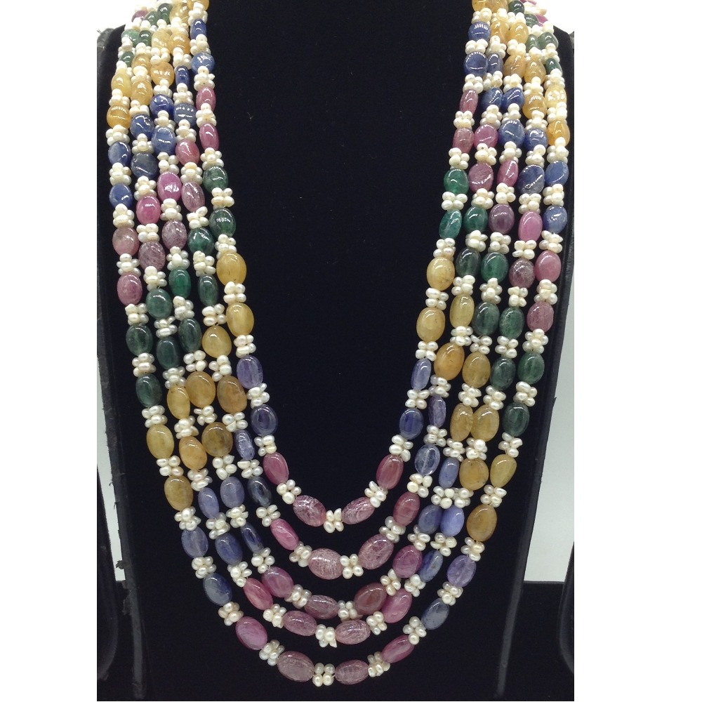 White Seed Pearls with Multicolour Beeds 5 Layers Mala JPM0530