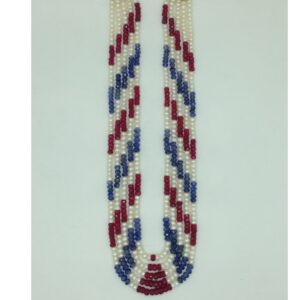White Flat Pearls with Red,Blue Beeds 5 Layers Mala JPM0529