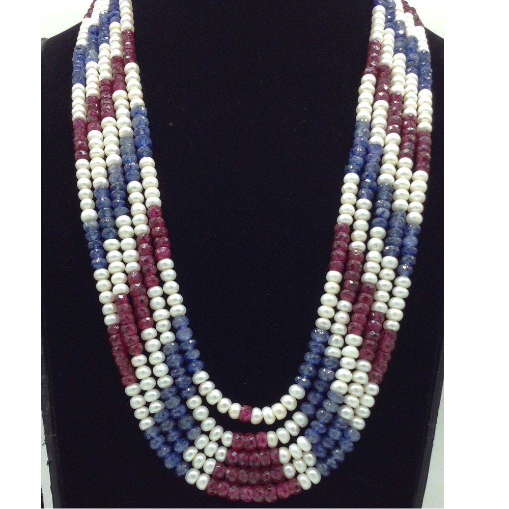 White Flat Pearls with Red,Blue Beeds 5 Layers Mala JPM0529