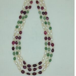 White Oval Pearls with Red,Green Beeds 3 Layers Mala JPM0528