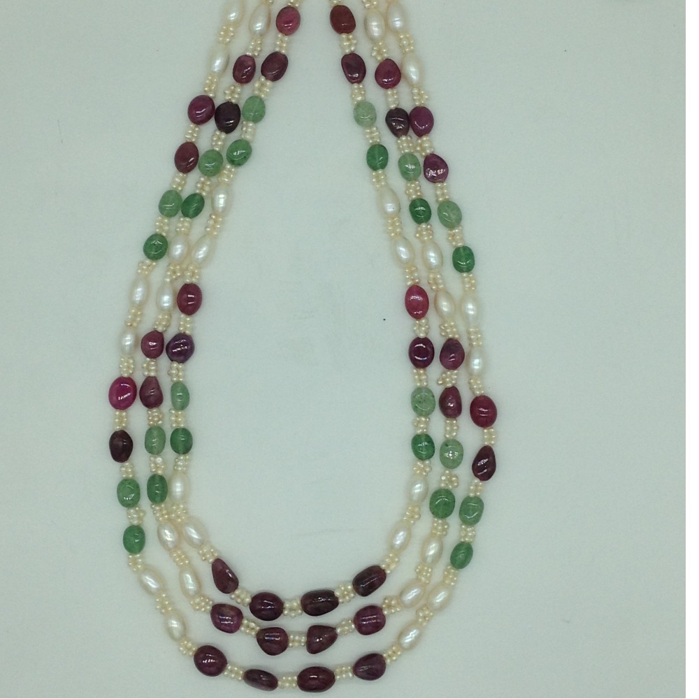 White Oval Pearls with Red,Green Beeds 3 Layers Mala JPM0528