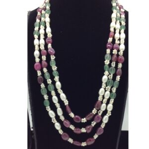 White Oval Pearls with Red,Green Beeds 3 Layers Mala JPM0528