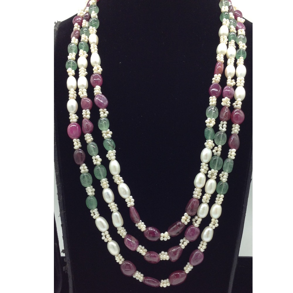 White Oval Pearls with Red,Green Beeds 3 Layers Mala JPM0528